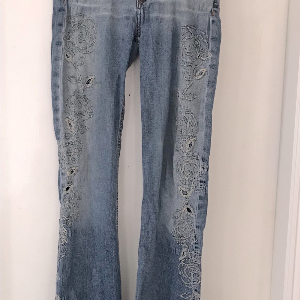 ALLEN B. slight boot cut jeans with side rose stitching in beige